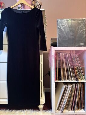 Topshop Velvet Black Midi Dress Velour Bodycon Sexy Fitted Gothic Classic 6 S M